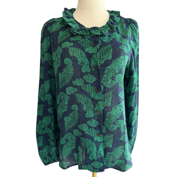 Bucket List Green and Navy Lightweight Cotton Button Up Ruffle Neck Blouse Small - Picture 2 of 12